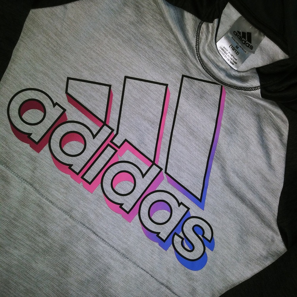 Kids Adidas Logo Hoodie Gray Black Pink Purple Size M 10 12 Athletic Pullover